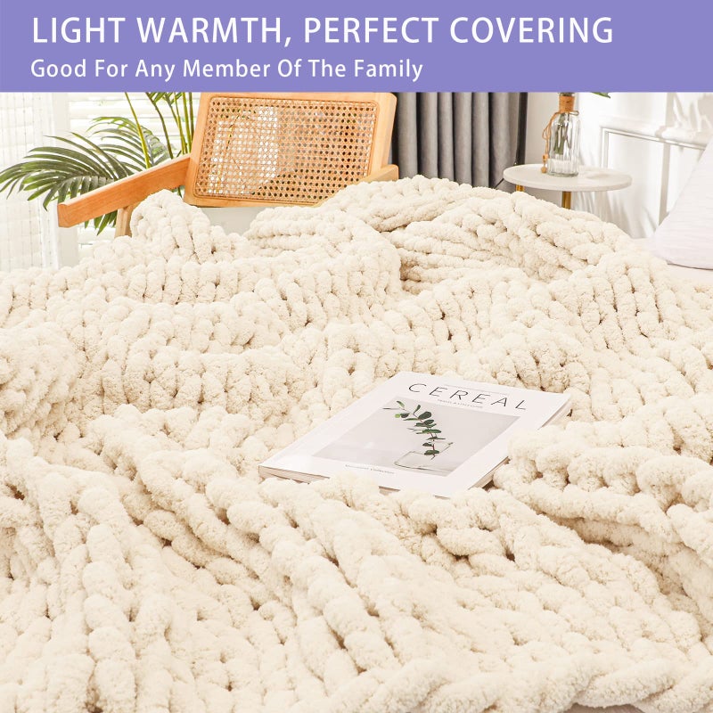 Bigacogo Chunky Knit Throw Blanket for Couch, 40x60 inches, 100% Hand Knitted with Thick Jumbo Chenille Yarn, Cozy Soft Large Rope Knot Cable Crochet Blankets for Sofa Bed Living Room, Beige - Image 3