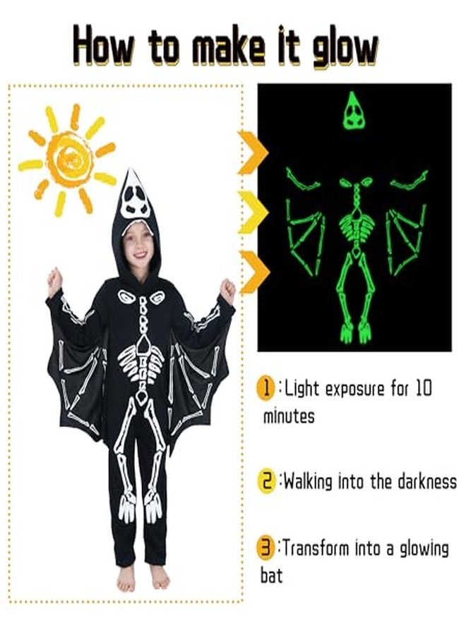 Wizland Kids Bat Skeleton Costume, Glow in the Dark Vampire Bat onesie, Scary Halloween Costume for Boys and Girls 7-9 - Image 3