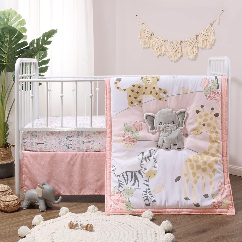 The Peanut Shell The Peanutshell 3 Piece Baby Crib Bedding Set for Girls  Newborn Infant  Toddler Nursery Bed Set Decor with Fitted Crib Sheet Dust Ruffle Comforter  Wildest Dreams - Image 1