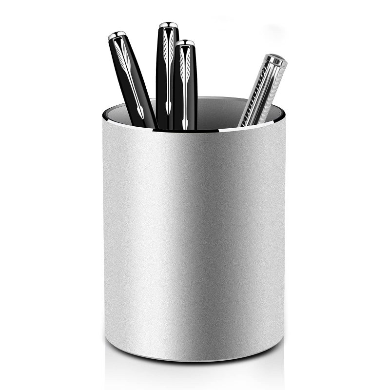 Vaydeer Metal Pen Holder Aluminum Pencil Holder for desk, Round Desktop Organizer and Silver Pencil Cup for Office, School, Home and Stationary Supplies (3.15 x 3.15 x 3.94 Inches) - Image 1