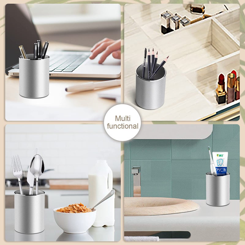 Vaydeer Metal Pen Holder Aluminum Pencil Holder for desk, Round Desktop Organizer and Silver Pencil Cup for Office, School, Home and Stationary Supplies (3.15 x 3.15 x 3.94 Inches) - Image 5