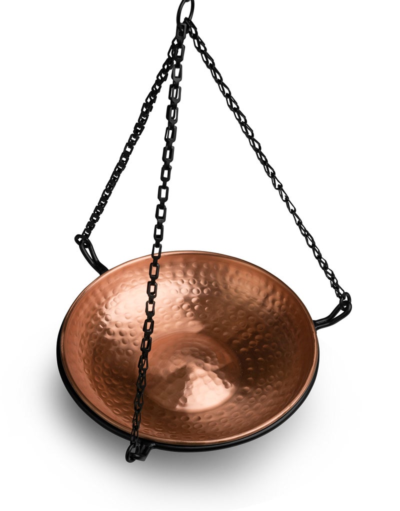 Monarch Abode Pure Copper Hand Hammered Hanging Bird Bath and Feeder w/ Iron Chain, 17-inch Detachable Iron Chain Outdoor Birdbath and Birdfeeder for Garden Backyard Patio & Deck, Bird Water Feeder - Image 1