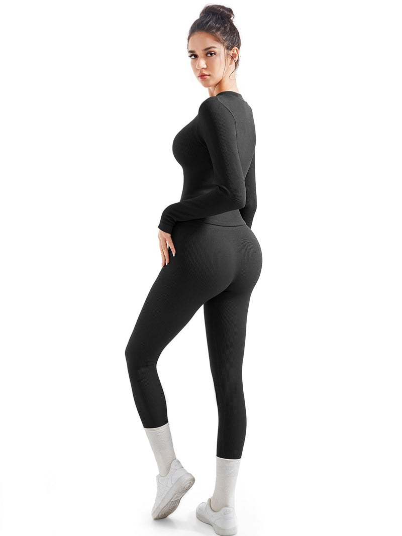SUUKSESS Women 2 Piece Seamless Ribbed Workout Sets Tracksuit With Zip Up Jacket High Waisted Gym Yoga Leggings (Black,S) - Image 4