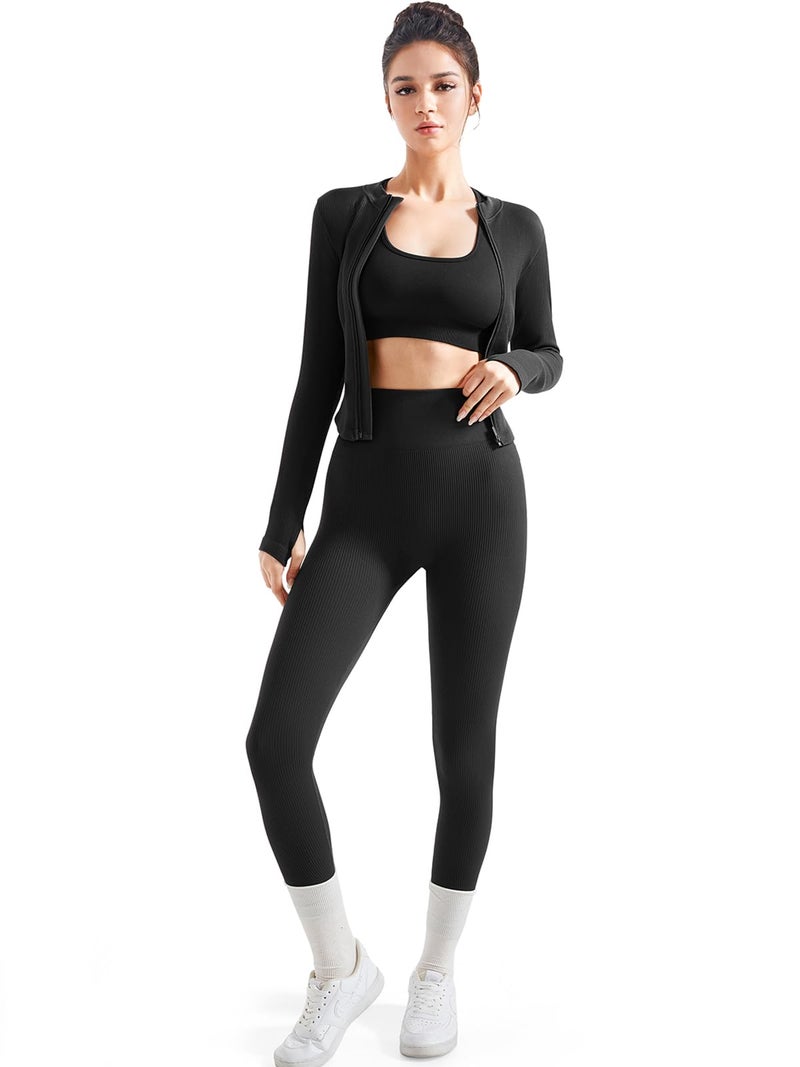 SUUKSESS Women 2 Piece Seamless Ribbed Workout Sets Tracksuit With Zip Up Jacket High Waisted Gym Yoga Leggings (Black,S) - Image 3