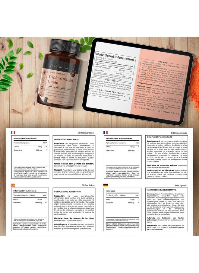 pureclinica - Lutein 30mg x 180 Tablets (2 Bottles with 90 Tablets in Each). with 1000mcg Zeaxanthin. 3 x The Strength of Regular Lutein Tablets - Image 1