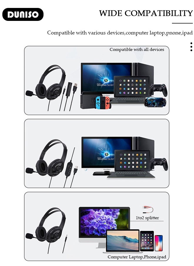 DUNISO USB Headset with Mic, Computer Laptop Headphones with Noise Cancelling Microphone in-line Control for Home Office Online Class, Equipped with a type-c adapter, Adjustable In-line Control Microphone, Comfortable Wearing Design  - Image 4