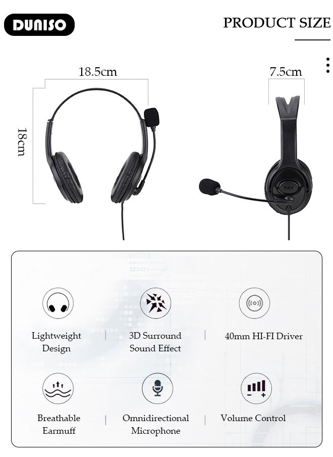 DUNISO USB Headset with Mic, Computer Laptop Headphones with Noise Cancelling Microphone in-line Control for Home Office Online Class, Equipped with a type-c adapter, Adjustable In-line Control Microphone, Comfortable Wearing Design  - Image 2