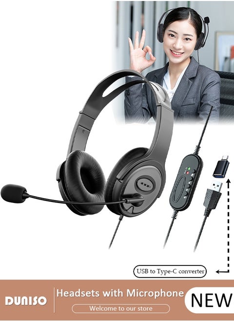 USB Headset with Mic, Computer Laptop Headphones with Noise Cancelling Microphone in-line Control for Home Office Online Class, Equipped with a type-c adapter, Adjustable In-line Control Microphone, Comfortable Wearing Design