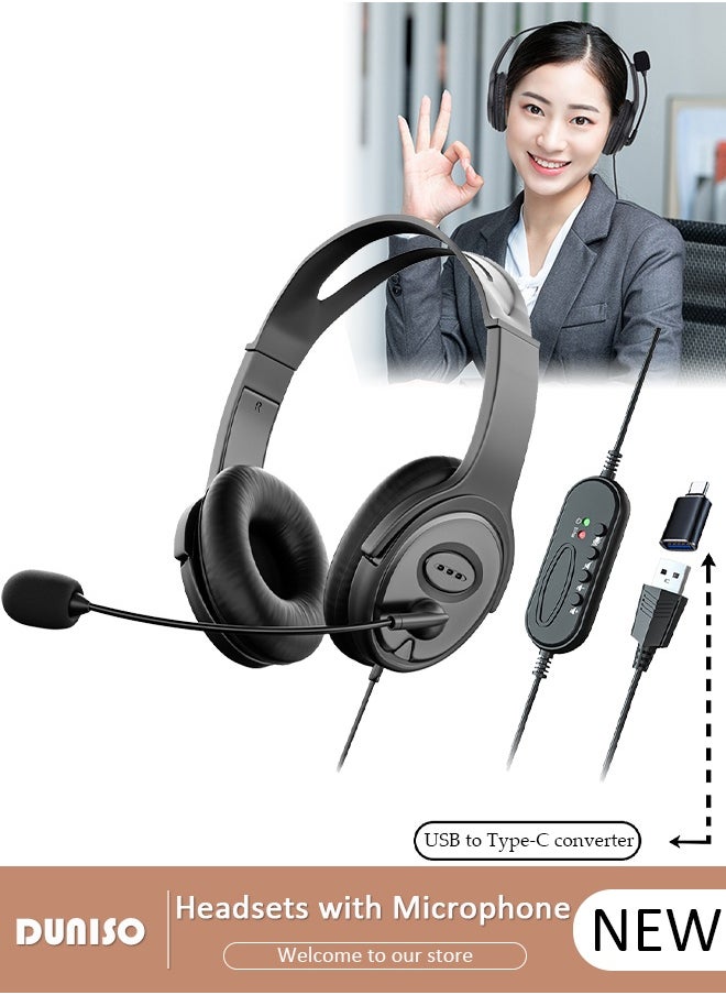DUNISO USB Headset with Mic, Computer Laptop Headphones with Noise Cancelling Microphone in-line Control for Home Office Online Class, Equipped with a type-c adapter, Adjustable In-line Control Microphone, Comfortable Wearing Design  - Image 1