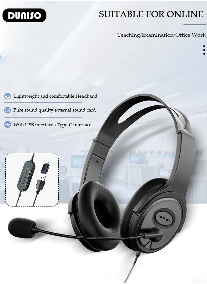 DUNISO USB Headset with Mic, Computer Laptop Headphones with Noise Cancelling Microphone in-line Control for Home Office Online Class, Equipped with a type-c adapter, Adjustable In-line Control Microphone, Comfortable Wearing Design  - Image 5