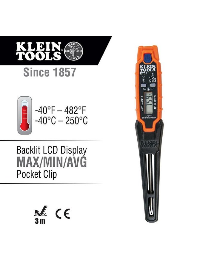 كلاين تولز ميزان حرارة جيب رقمي من Klein Tools ET05، ميزان حرارة للقراءة الفورية لأنظمة التدفئة والتهوية وتكييف الهواء مع شاشة بإضاءة خلفية، ونطاق قياس واسع، وفهرنهايت وسيلسيوس  - Image 2