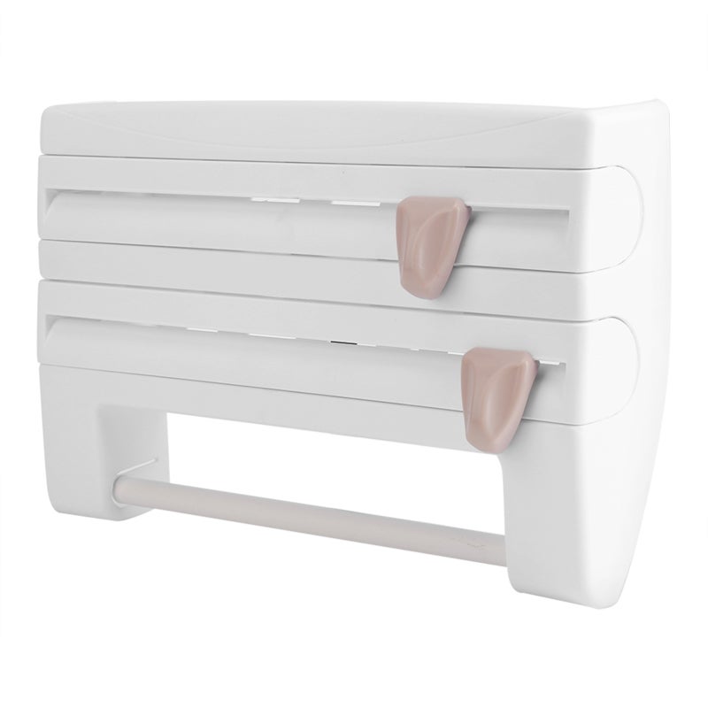 Wall Mount Kitchen Storage Rack: White - Sharp Hidden Blades Roll Holder for Modern Kitchen, Easy Grip Paper Towel, Cling Film and Aluminium Foil Cutter - Image 5