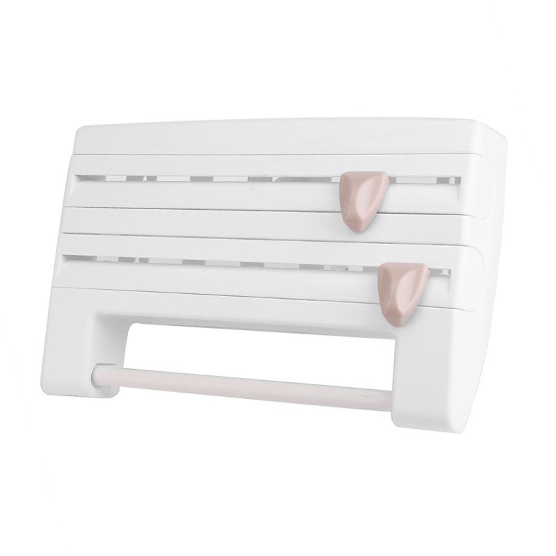 Wall Mount Kitchen Storage Rack: White - Sharp Hidden Blades Roll Holder for Modern Kitchen, Easy Grip Paper Towel, Cling Film and Aluminium Foil Cutter - Image 3