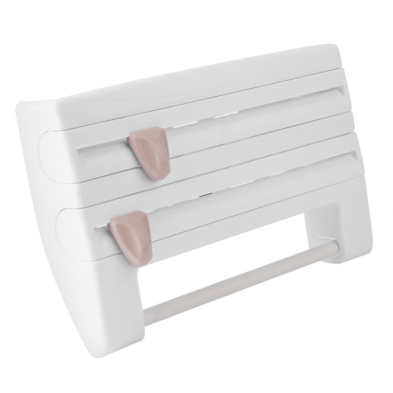 Wall Mount Kitchen Storage Rack: White - Sharp Hidden Blades Roll Holder for Modern Kitchen, Easy Grip Paper Towel, Cling Film and Aluminium Foil Cutter - Image 2