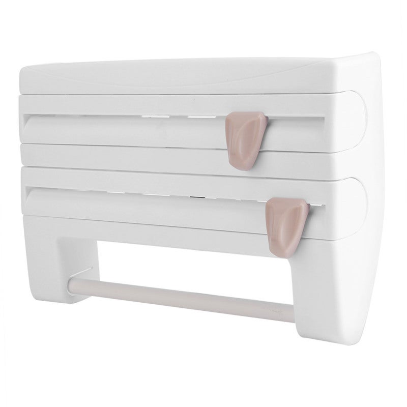 Wall Mount Kitchen Storage Rack: White - Sharp Hidden Blades Roll Holder for Modern Kitchen, Easy Grip Paper Towel, Cling Film and Aluminium Foil Cutter - Image 4