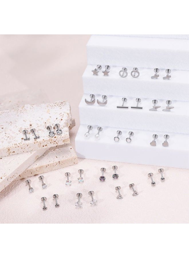 Masedy 18Pairs 18G Surgicl Steel Threadless Stud Earring for Women Men Push in Helix Cartilage Earrings Studs CZ Hypoallergenic Heart Moon Star Flat Back Earring 6mm - Image 4