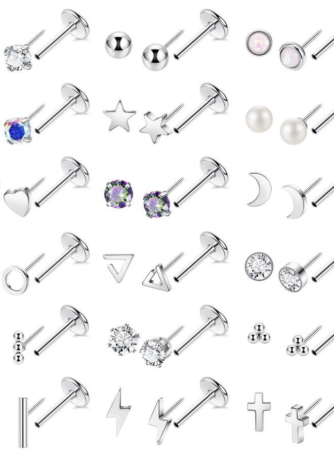 Masedy 18Pairs 18G Surgicl Steel Threadless Stud Earring for Women Men Push in Helix Cartilage Earrings Studs CZ Hypoallergenic Heart Moon Star Flat Back Earring 6mm - Image 1