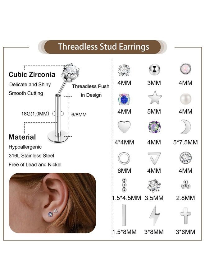 Masedy 18Pairs 18G Surgicl Steel Threadless Stud Earring for Women Men Push in Helix Cartilage Earrings Studs CZ Hypoallergenic Heart Moon Star Flat Back Earring 6mm - Image 2