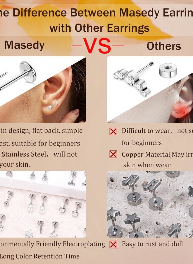 Masedy 18Pairs 18G Surgicl Steel Threadless Stud Earring for Women Men Push in Helix Cartilage Earrings Studs CZ Hypoallergenic Heart Moon Star Flat Back Earring 6mm - Image 3
