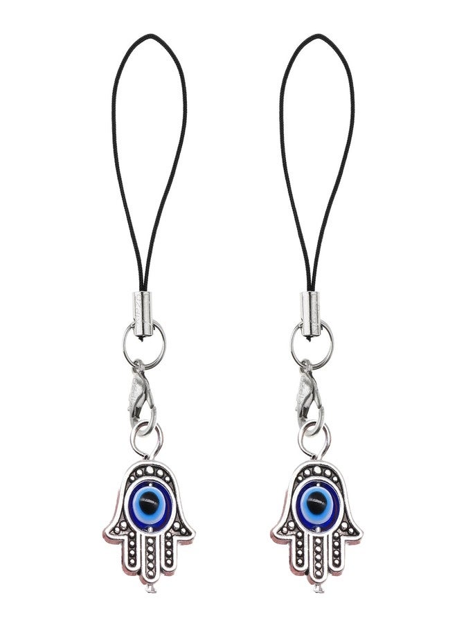 KIPZO® Pack of 2 silver Good luck Evil Eye Hamsa Hand Fatima symbol Turkish alloy phone charms cute pendent earrings hooks Hanging Keychain necklace anklet for girls women Lanyard combo with Zip Pouch - Image 1