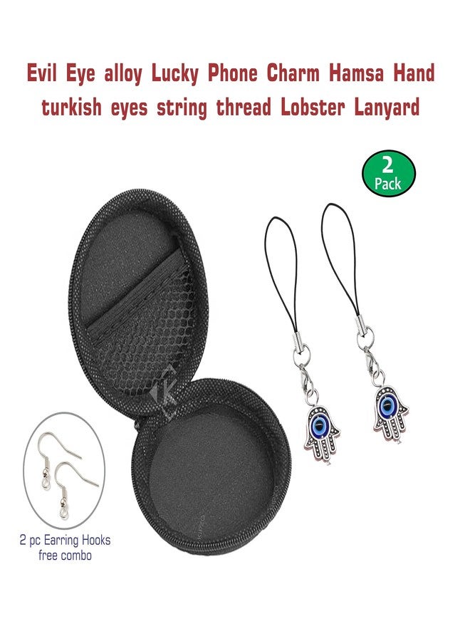 KIPZO® Pack of 2 silver Good luck Evil Eye Hamsa Hand Fatima symbol Turkish alloy phone charms cute pendent earrings hooks Hanging Keychain necklace anklet for girls women Lanyard combo with Zip Pouch - Image 4