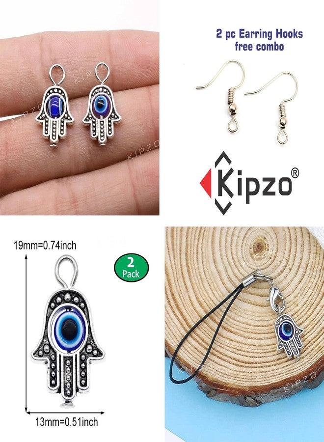 KIPZO® Pack of 2 silver Good luck Evil Eye Hamsa Hand Fatima symbol Turkish alloy phone charms cute pendent earrings hooks Hanging Keychain necklace anklet for girls women Lanyard combo with Zip Pouch - Image 3