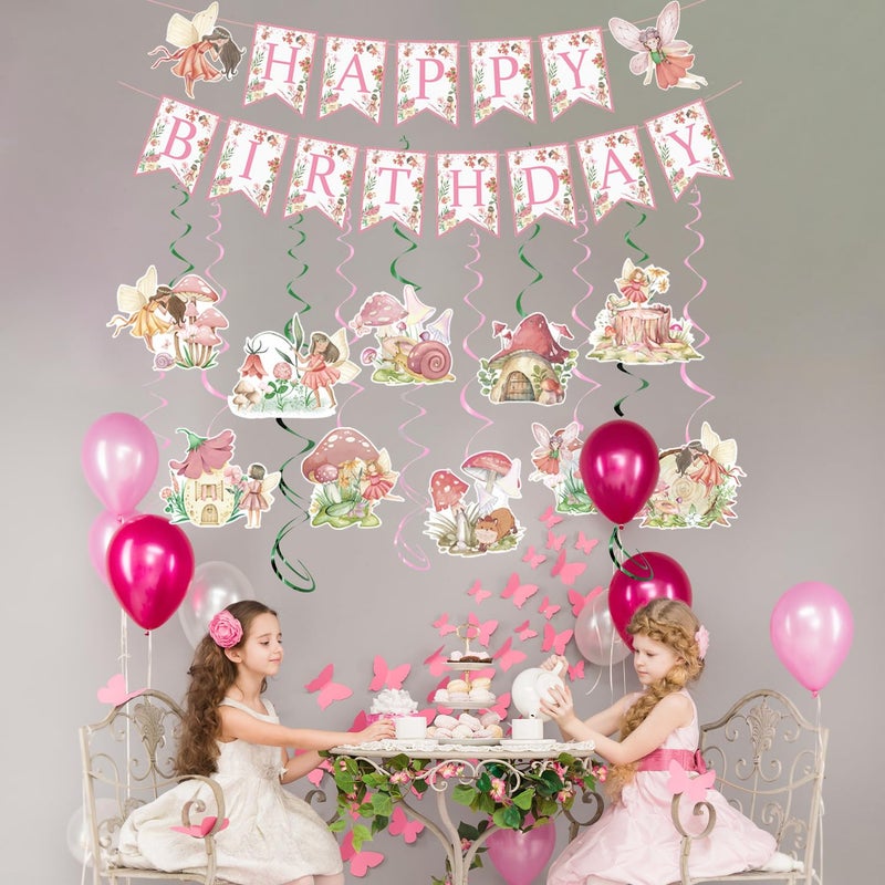 Rngmsi Fairy First Birthday Decorations, Fairy 1st Bday Party Decor for Girls, Happy Birthday Banners Mushroom Hanging Swirls Party Decor Supplies - Image 4