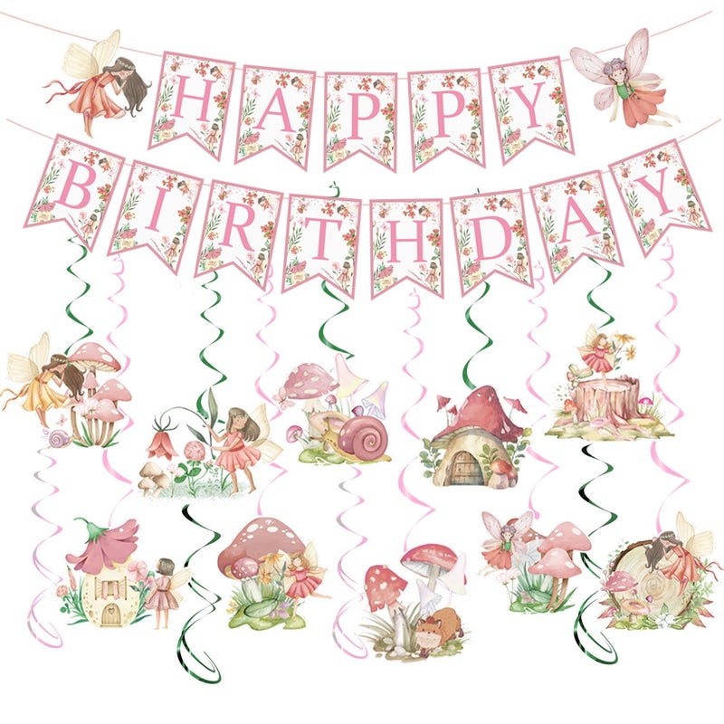 Rngmsi Fairy First Birthday Decorations, Fairy 1st Bday Party Decor for Girls, Happy Birthday Banners Mushroom Hanging Swirls Party Decor Supplies - Image 1
