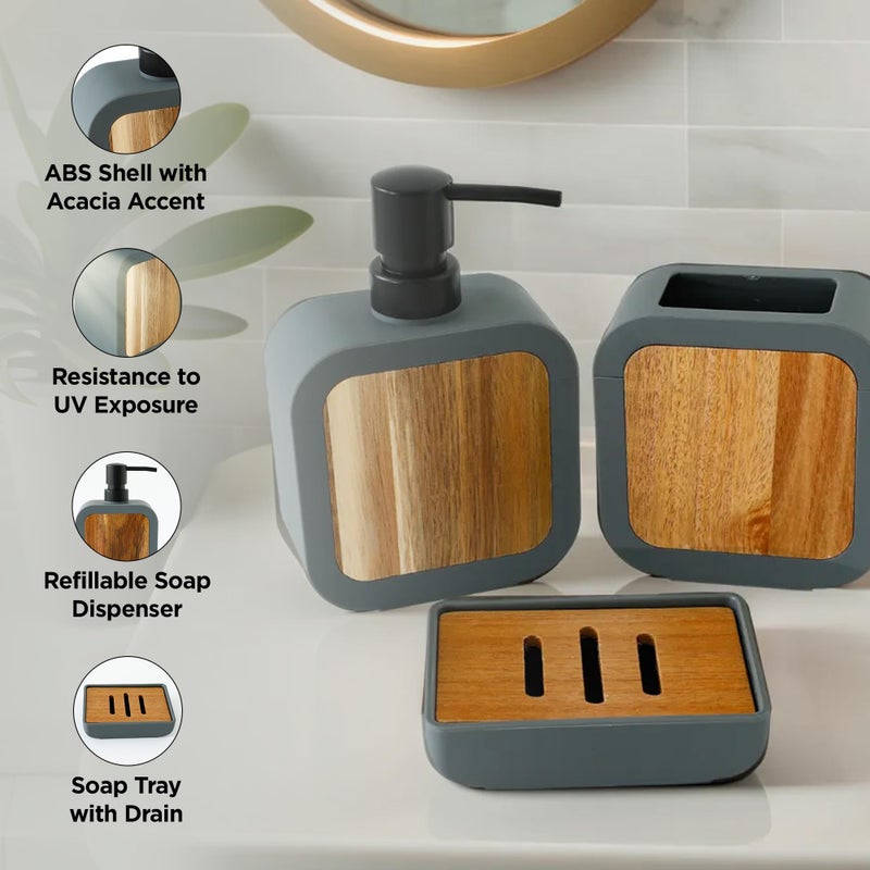 Kuber Industries 3 Pcs ABS Bathroom Accessory Set | Includes Liquid Soap Dispenser for Bathroom (380ml), Toothbrush Holder & Soap Holder | Bathroom & Kitchen Sink Accessories Set | Grey-KL9245-BS-GRY - Image 4