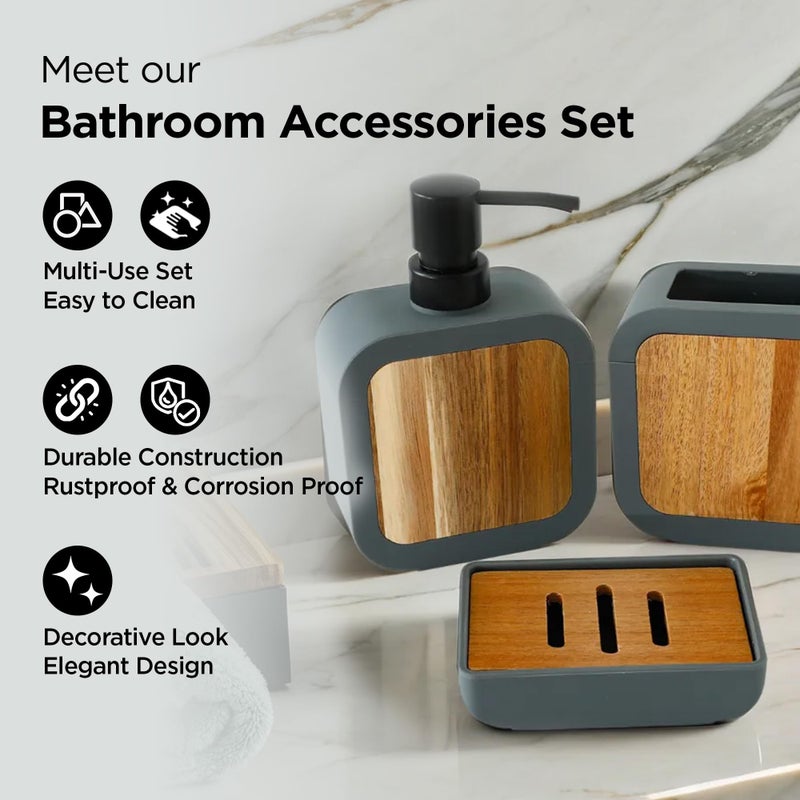 Kuber Industries 3 Pcs ABS Bathroom Accessory Set | Includes Liquid Soap Dispenser for Bathroom (380ml), Toothbrush Holder & Soap Holder | Bathroom & Kitchen Sink Accessories Set | Grey-KL9245-BS-GRY - Image 3