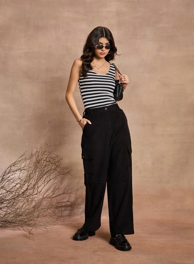 SASSAFRAS Women Black Solid Corduroy Straight Fit Cargo Pants
