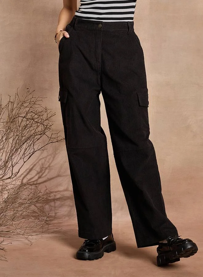 SASSAFRAS Women Black Solid Corduroy Straight Fit Cargo Pants