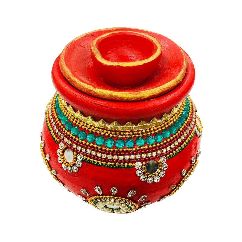 SHOPMEFAST SHOPMEFAST Handcrafted Decorative Terracotta Earthenware Clay Traditional Kalash for Puja with Lid and Diya Mitti Karwa Lota for Karwachauth Puja Clay Kalash Pot with Dhakan and Diya  - Image 4