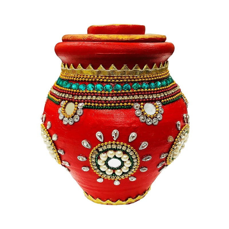 SHOPMEFAST SHOPMEFAST Handcrafted Decorative Terracotta Earthenware Clay Traditional Kalash for Puja with Lid and Diya Mitti Karwa Lota for Karwachauth Puja Clay Kalash Pot with Dhakan and Diya  - Image 5