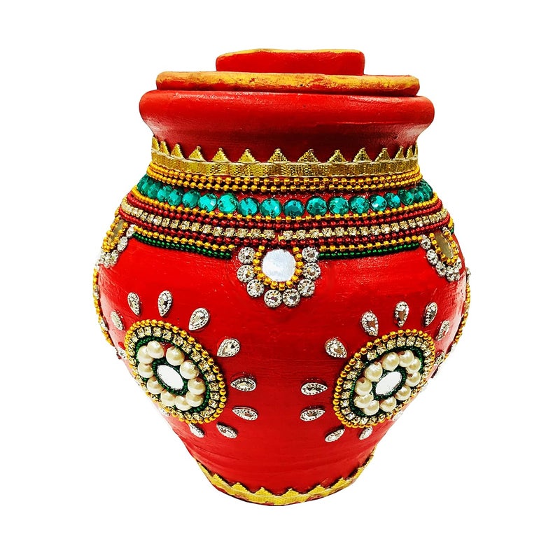 SHOPMEFAST SHOPMEFAST Handcrafted Decorative Terracotta Earthenware Clay Traditional Kalash for Puja with Lid and Diya Mitti Karwa Lota for Karwachauth Puja Clay Kalash Pot with Dhakan and Diya  - Image 3