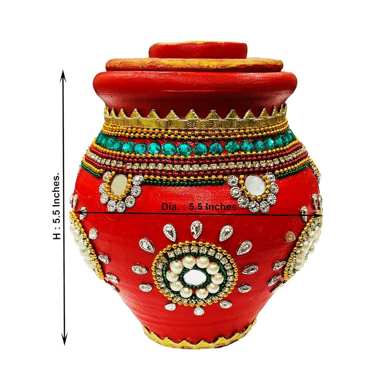 SHOPMEFAST SHOPMEFAST Handcrafted Decorative Terracotta Earthenware Clay Traditional Kalash for Puja with Lid and Diya Mitti Karwa Lota for Karwachauth Puja Clay Kalash Pot with Dhakan and Diya  - Image 2
