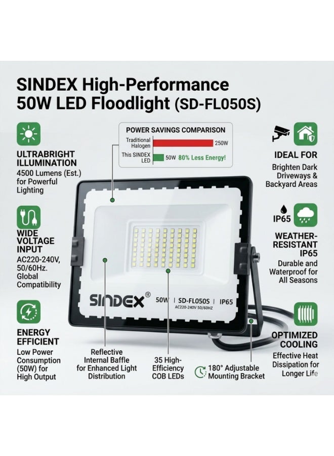 50W LED Flood Light – AC 220-240V, 3500 Lumens, 6500K Pure White, IP65 Weatherproof Security Light, 30,000 Hrs Lifetime (SD-FL050S) - Image 4