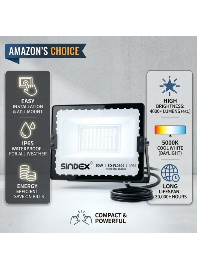 50W LED Flood Light – AC 220-240V, 3500 Lumens, 6500K Pure White, IP65 Weatherproof Security Light, 30,000 Hrs Lifetime (SD-FL050S) - Image 3
