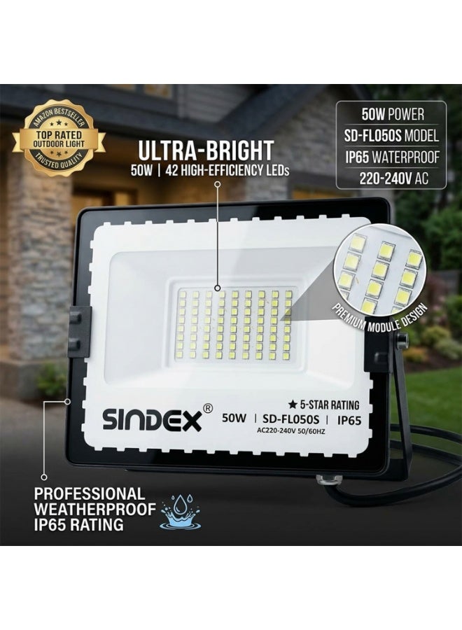 50W LED Flood Light – AC 220-240V, 3500 Lumens, 6500K Pure White, IP65 Weatherproof Security Light, 30,000 Hrs Lifetime (SD-FL050S) - Image 2