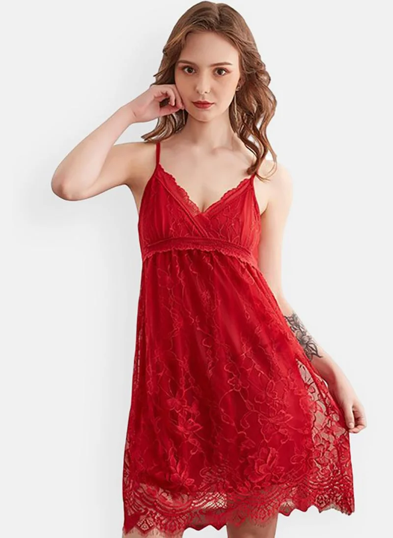 YUNIQEE Red Solid Babydoll With Briefs