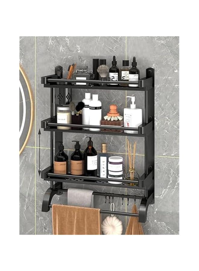 ميكسد رف حمام من تراسل مع قضبان منشفة، رف حائط للحمام من 3 طبقات، رف تخزين مع حامل فرشاة، رف مناشف الحمام مع رف، رف منظم للتخزين للحمام والمطبخ، أسود، ستانلس ستيل - Image 1