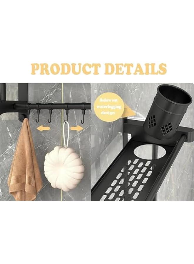 ميكسد رف حمام من تراسل مع قضبان منشفة، رف حائط للحمام من 3 طبقات، رف تخزين مع حامل فرشاة، رف مناشف الحمام مع رف، رف منظم للتخزين للحمام والمطبخ، أسود، ستانلس ستيل - Image 5