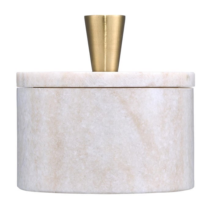 MARBLE SALT CELLAR WITH LID AND BRASS KNOB BROWN