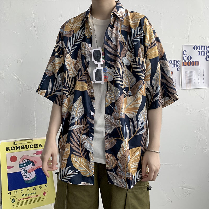2022 Summer Floral Shirt Mens Short-sleeved Japanese-style Casual Beach Loose Cool Trendy Half-sleeved Shirt Cardigan Black 