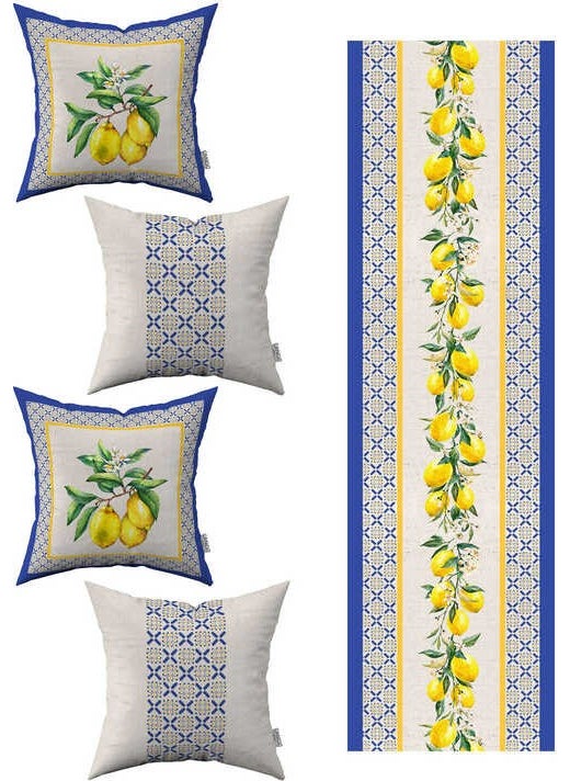 Cango Home Blue Yellow Decorative Lemon Patterned 4-Piece Throw Pillow Covers 1 Runner Set 4KMBS249-RS 