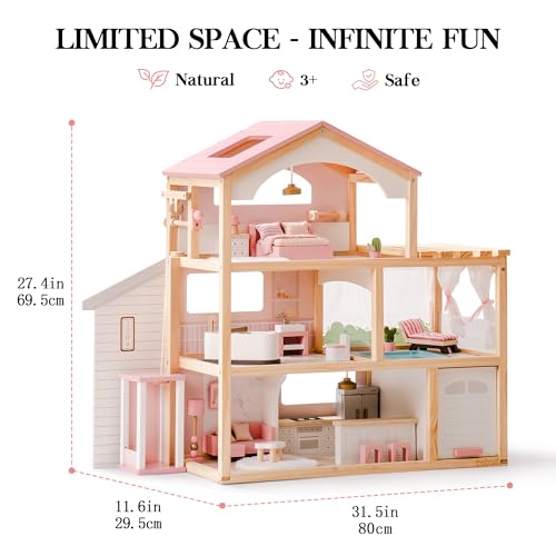 ROBUD Doll House Wooden Dollhouse with 6 Rooms 29pcs Furniture Set Working Elevator Garage Swimming Pool Ideal Gift for Kids Ages 3 Pink - Image 5