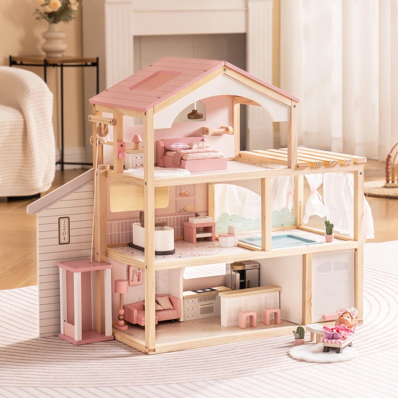ROBUD Doll House Wooden Dollhouse with 6 Rooms 29pcs Furniture Set Working Elevator Garage Swimming Pool Ideal Gift for Kids Ages 3 Pink - Image 2