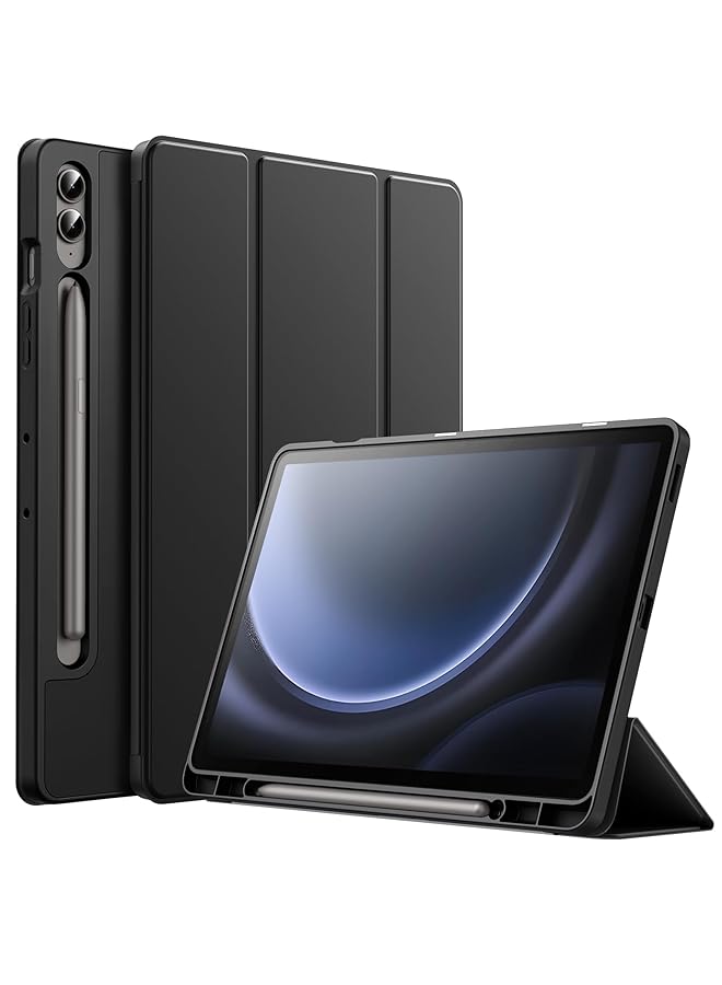 جي تيك حافظة لهاتف سامسونج جالاكسي تاب S9 Fe بلس S9 Fe بلس 12.4 بوصة مع حامل قلم S ناعم من البولي يوريثان الحراري ثلاثي الطي غطاء حماية للكمبيوتر اللوحي يدعم قلم S للشحن التلقائي والنوم باللون الأسود - Image 1