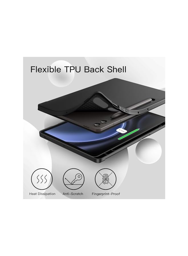 جي تيك حافظة لهاتف سامسونج جالاكسي تاب S9 Fe بلس S9 Fe بلس 12.4 بوصة مع حامل قلم S ناعم من البولي يوريثان الحراري ثلاثي الطي غطاء حماية للكمبيوتر اللوحي يدعم قلم S للشحن التلقائي والنوم باللون الأسود - Image 4