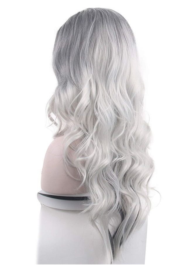 Besuante - Beautyself Silver Grey Costume Wigs for Women Halloween Curly Long Wavy Fashion Cosplay Ombre Black Mix Gray Hair Wigs with Wig Cap - Image 1